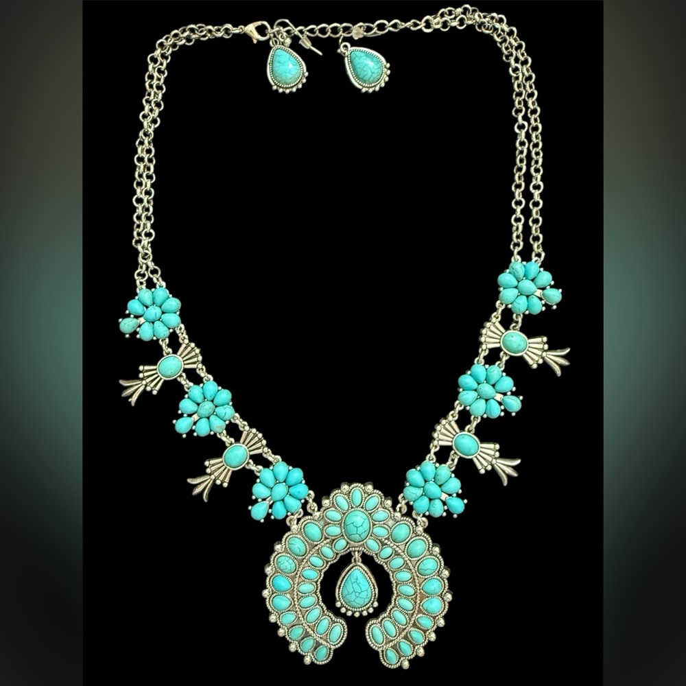 Turquoise (faux) Floral Squash Blossom Statement Necklace
